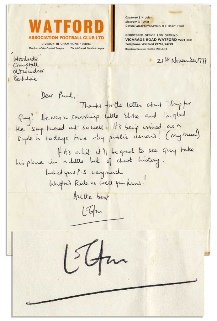 Elton John signed letter