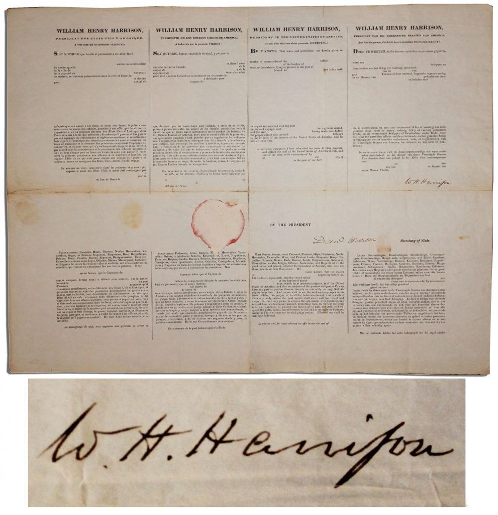 William Henry Harrison document signed as President