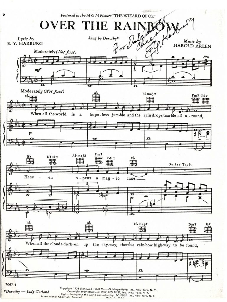 EY Harburg signed Over the Rainbow sheet music