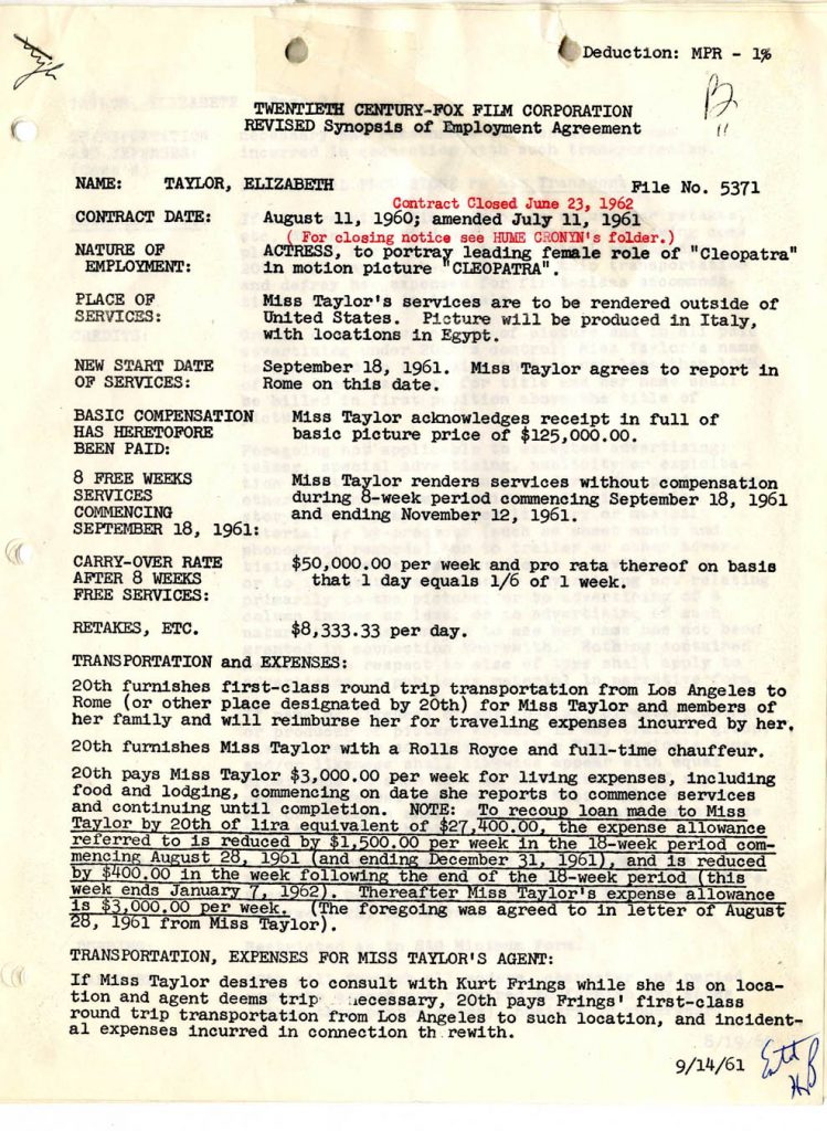 Elizabeth Taylor Cleopatra contract