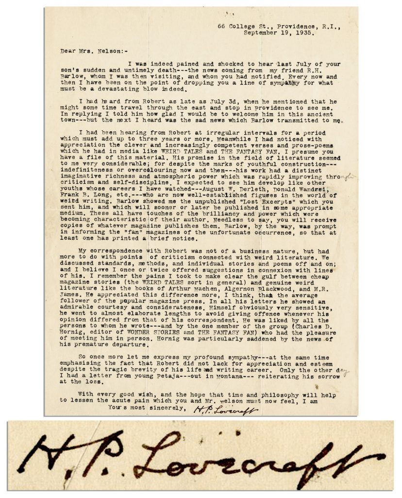 HP Lovecraft signed letter