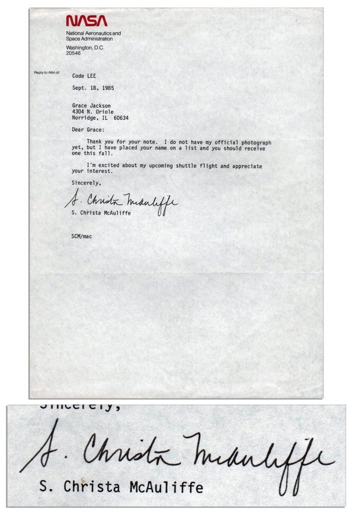 Christa McAuliffe signed letter 