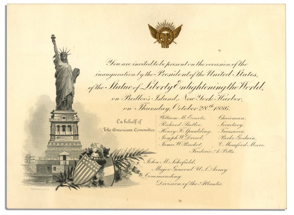 1886 Statue of Liberty Tiffany inauguration Invitation