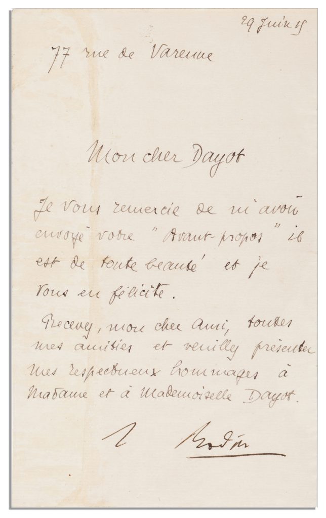 Auguste Rodin signed letter