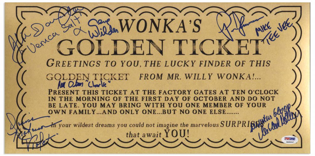Willy Wonka Gene Wilder & cast signed Golden ticket