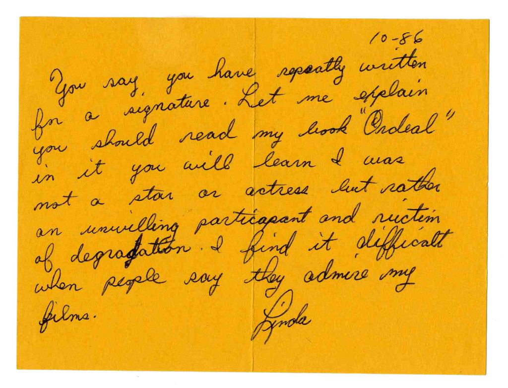  Linda Lovelace autograph letter signed