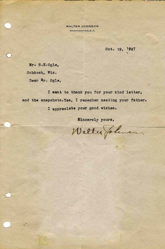 Walter Johnson signed letter