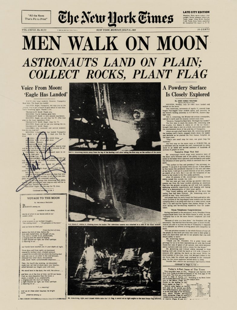 Apollo 11 signed newspaper