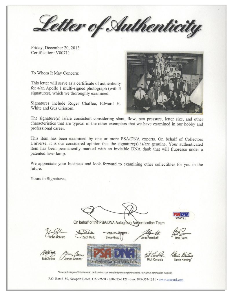 Apollo 1 crew Chaffee Grissom White signed photo