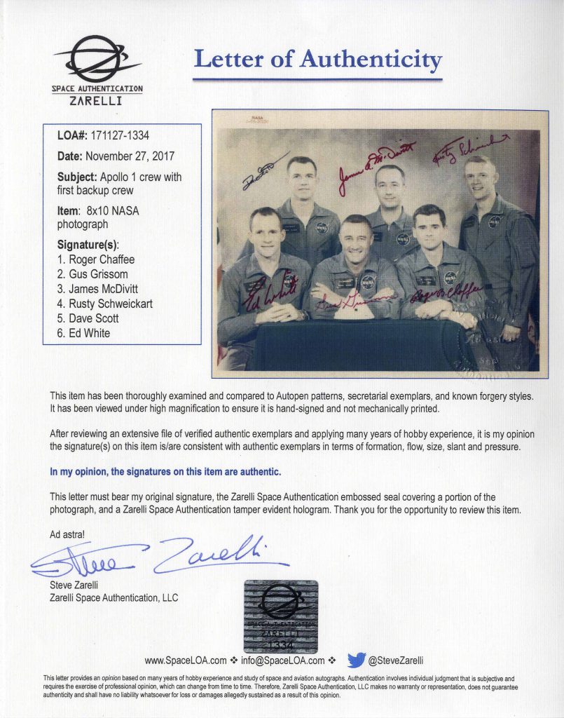 Apollo 1 crew Chaffee Grissom White signed photo