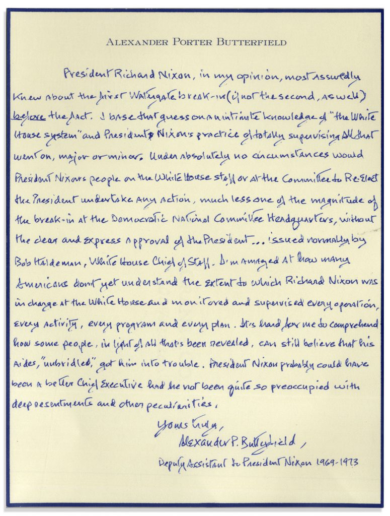  Alexander Butterfield Watergate autograph letter signed