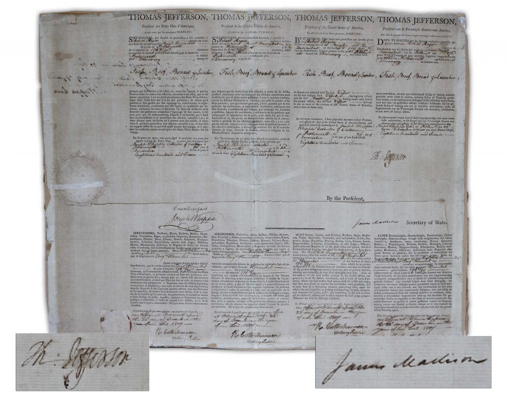 Thomas Jefferson four language ship's paper signed