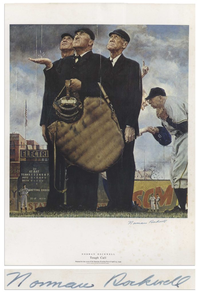 Norman Rockwell baseball Tough Call signed print 