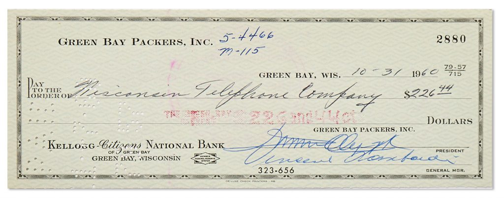Vince Lombardi signed check