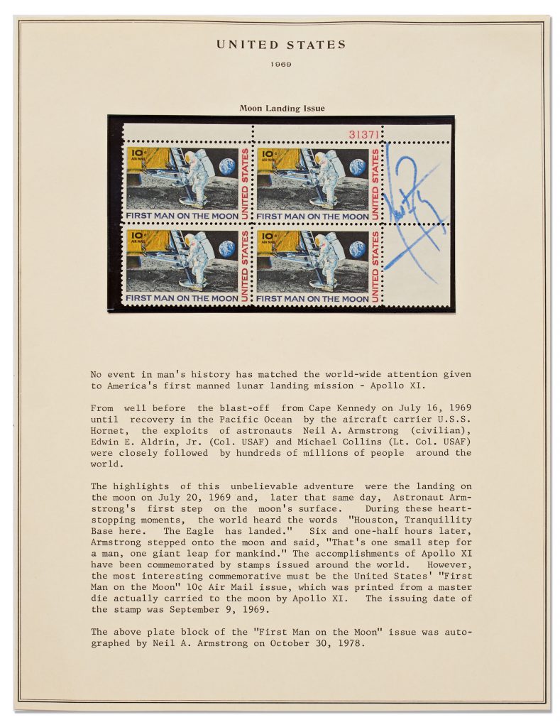 Neil Armstrong signed Apollo 11 stamp block