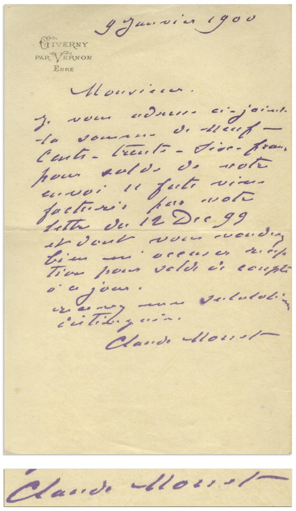 Claude Monet signed letter