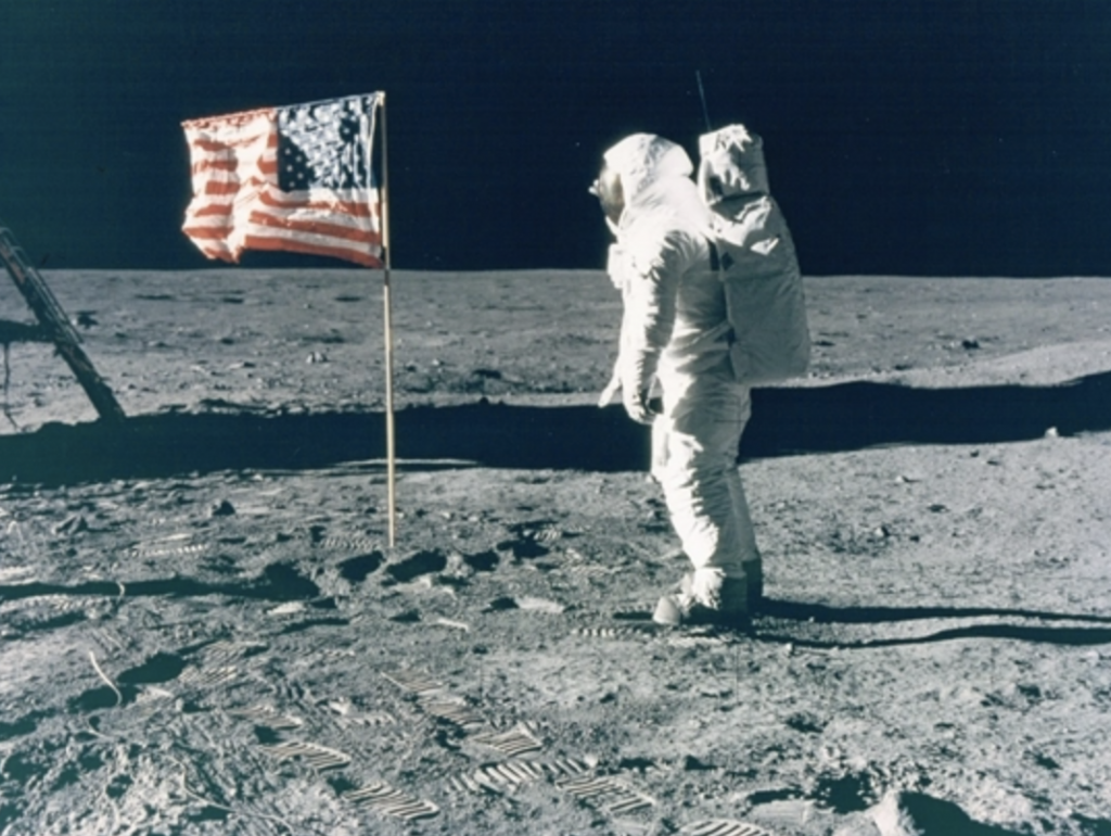 AS11-40-5875 10.5 x 13 Aldrin by flag on moon chromogenic
