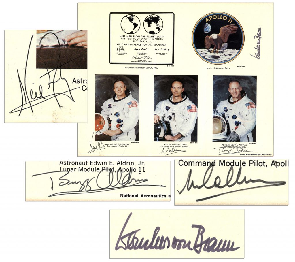 Apollo 11 photo display signed by Neil Armstrong, Buzz Aldrin, Michael Collins and Wernher von Braun.