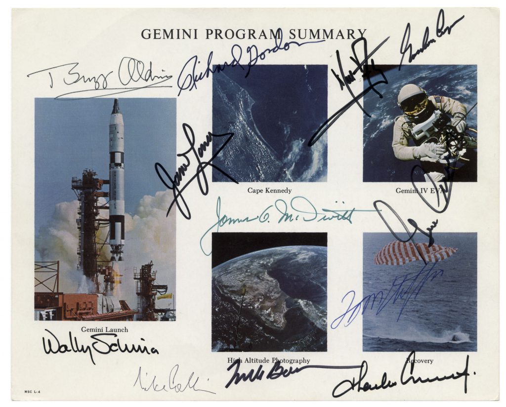 Photo college of 5 images from the Gemini missions with 11 astronaut autographs.