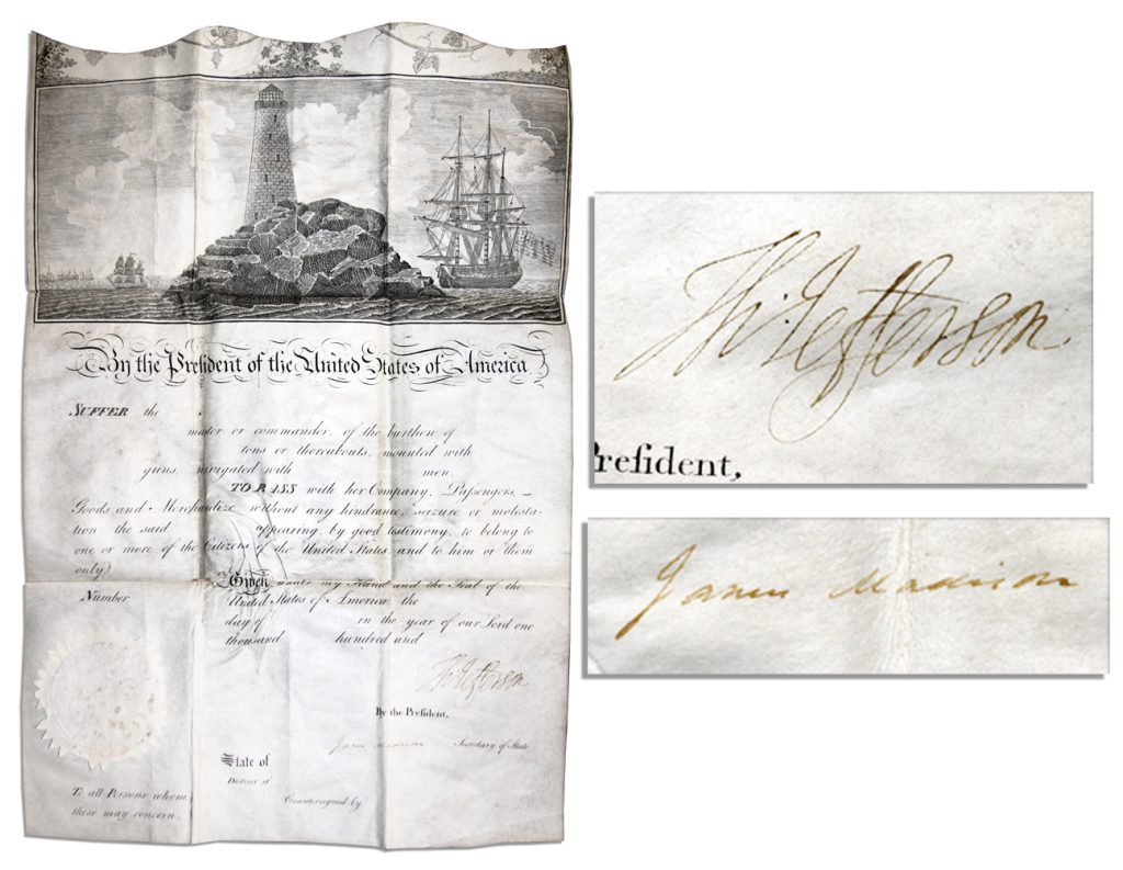  James Madison Monroe four-language ship's papers