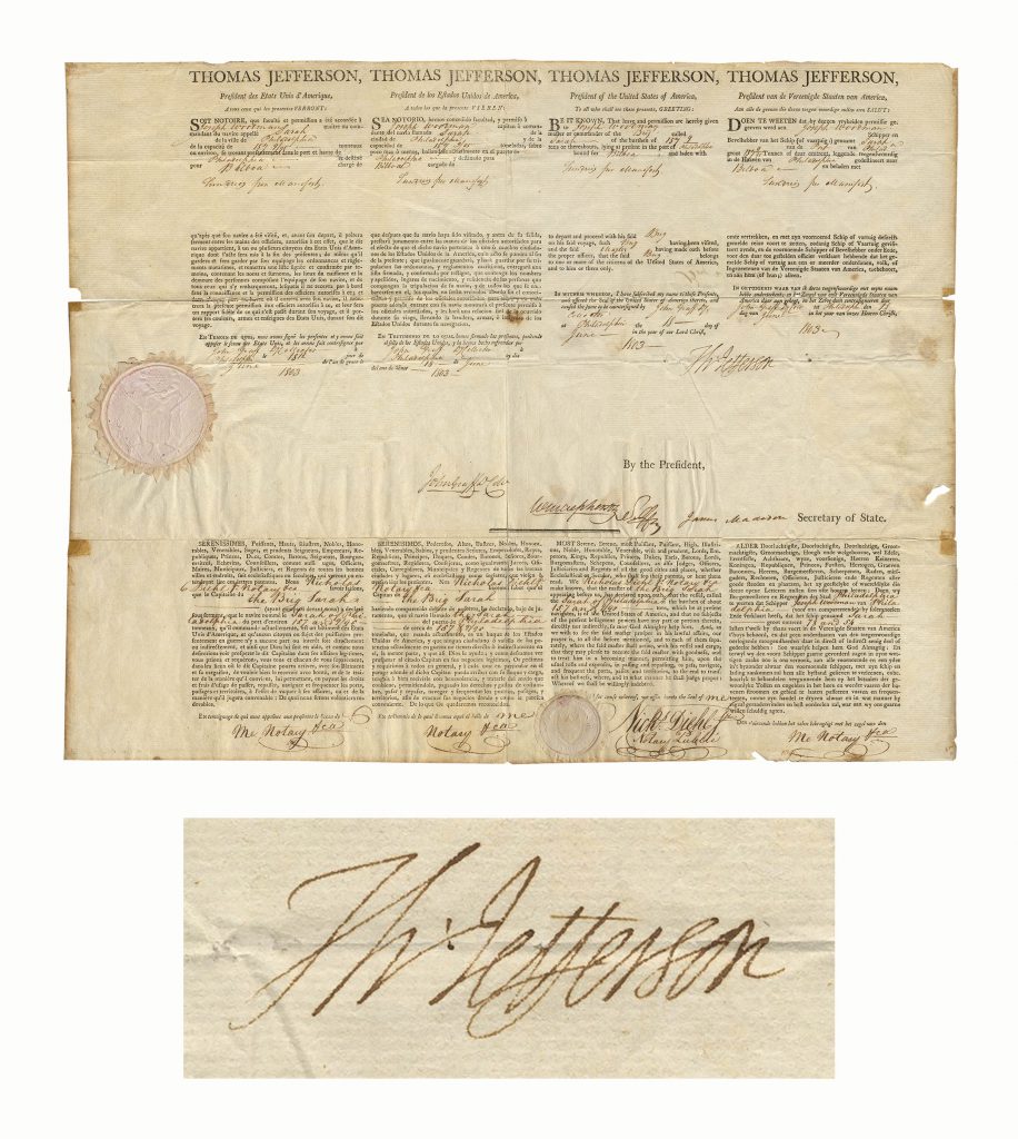  James Madison Monroe four-language ship's papers
