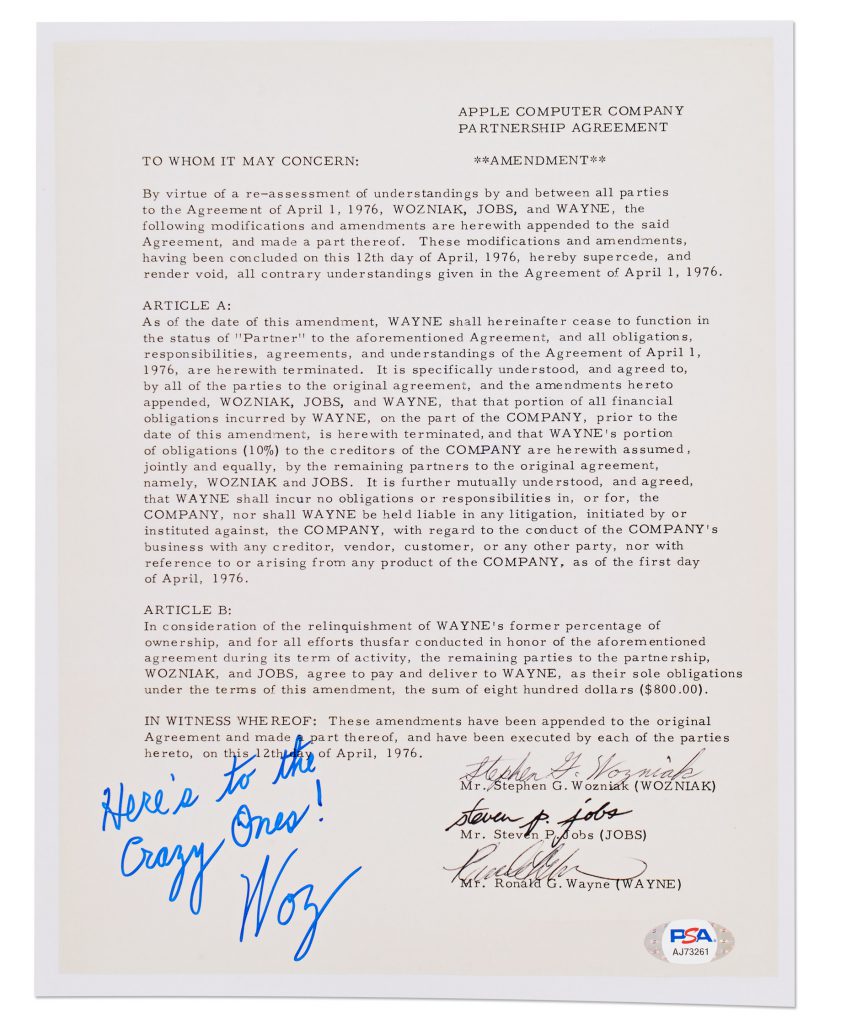 Steve Wozniak signed Apple founding contract 