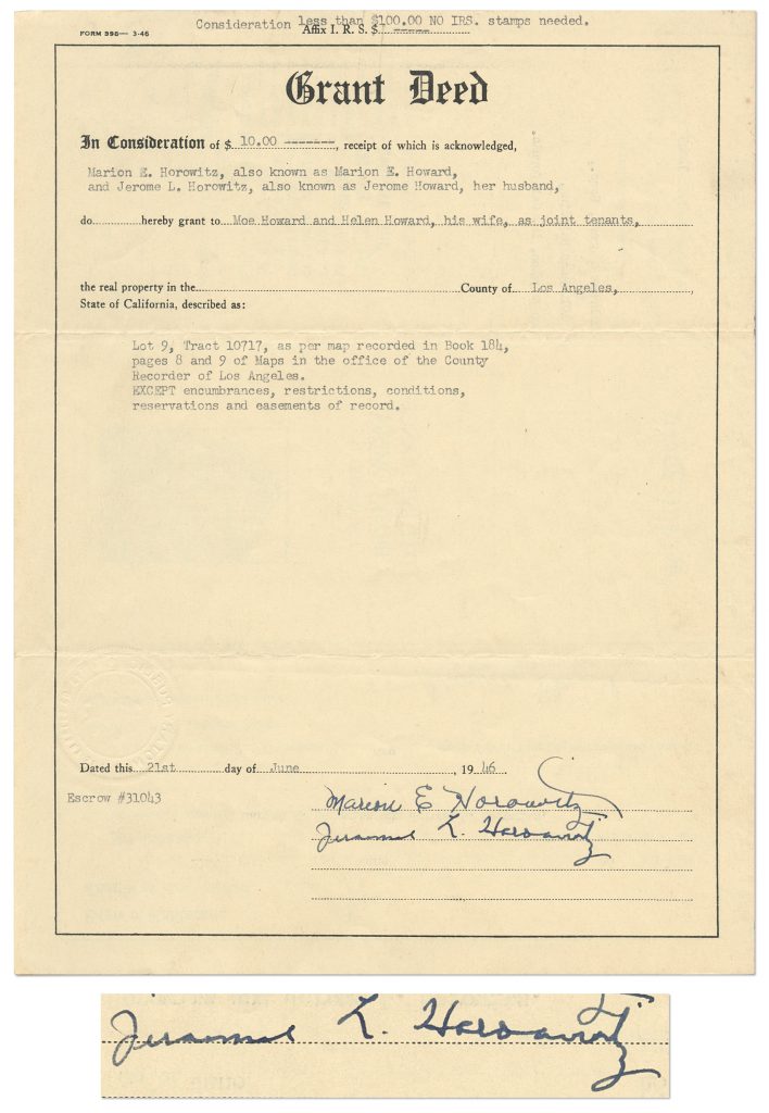 Curly Howard signed Jerome Horowitz document