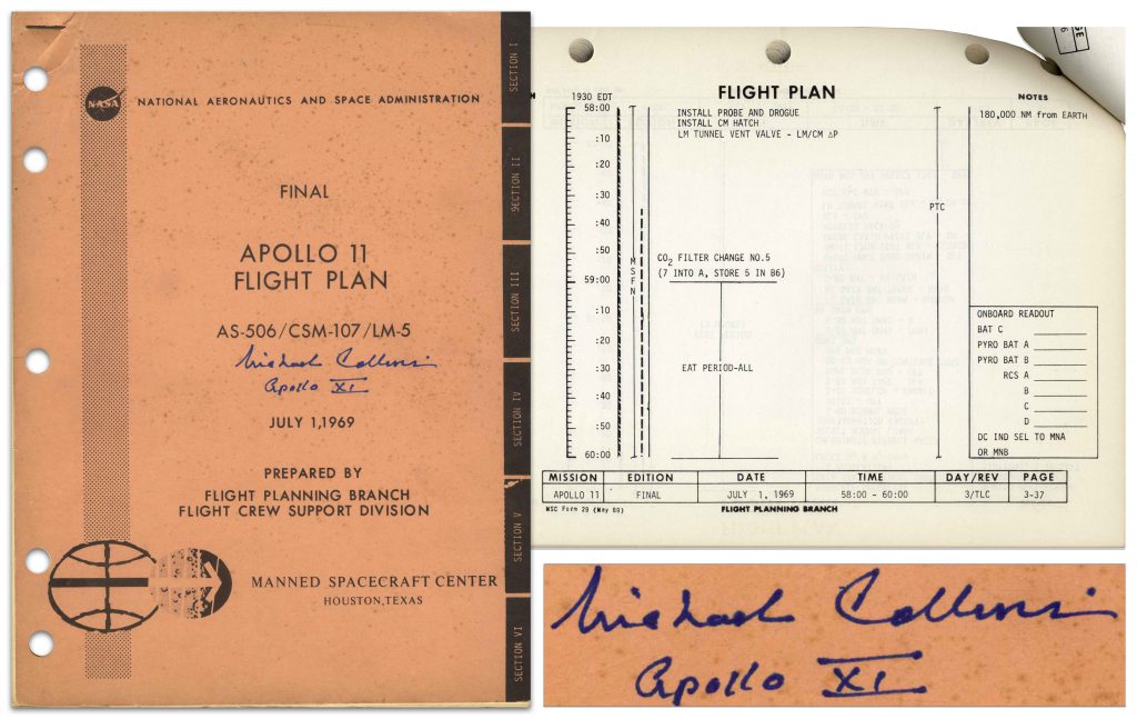 Michael Collins signed original Apollo 11 flight plan