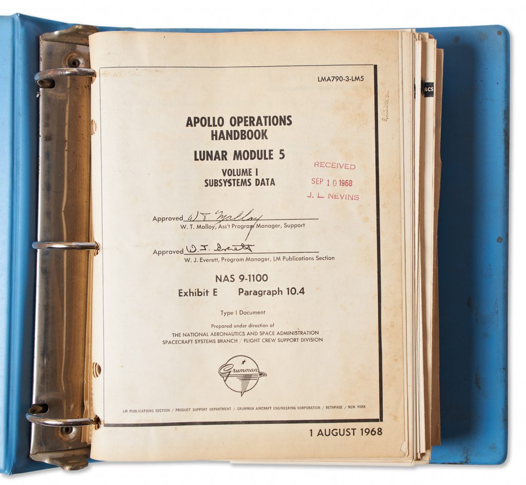 "Apollo Operations Handbook" dated 1 August 1968 and housed in a blue 3-ring binder. 
