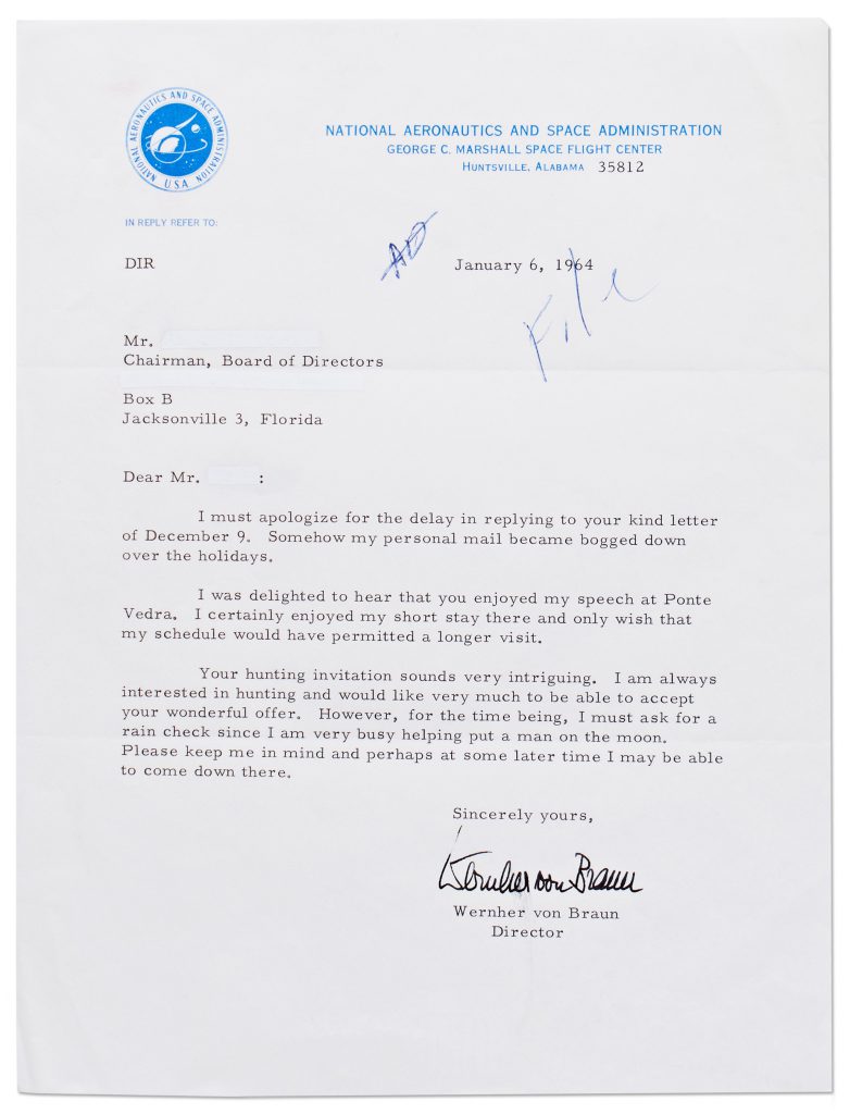 NASA letterhead with typed message. Wernher von Braun signs at conclusion of letter in bold, black ink. 