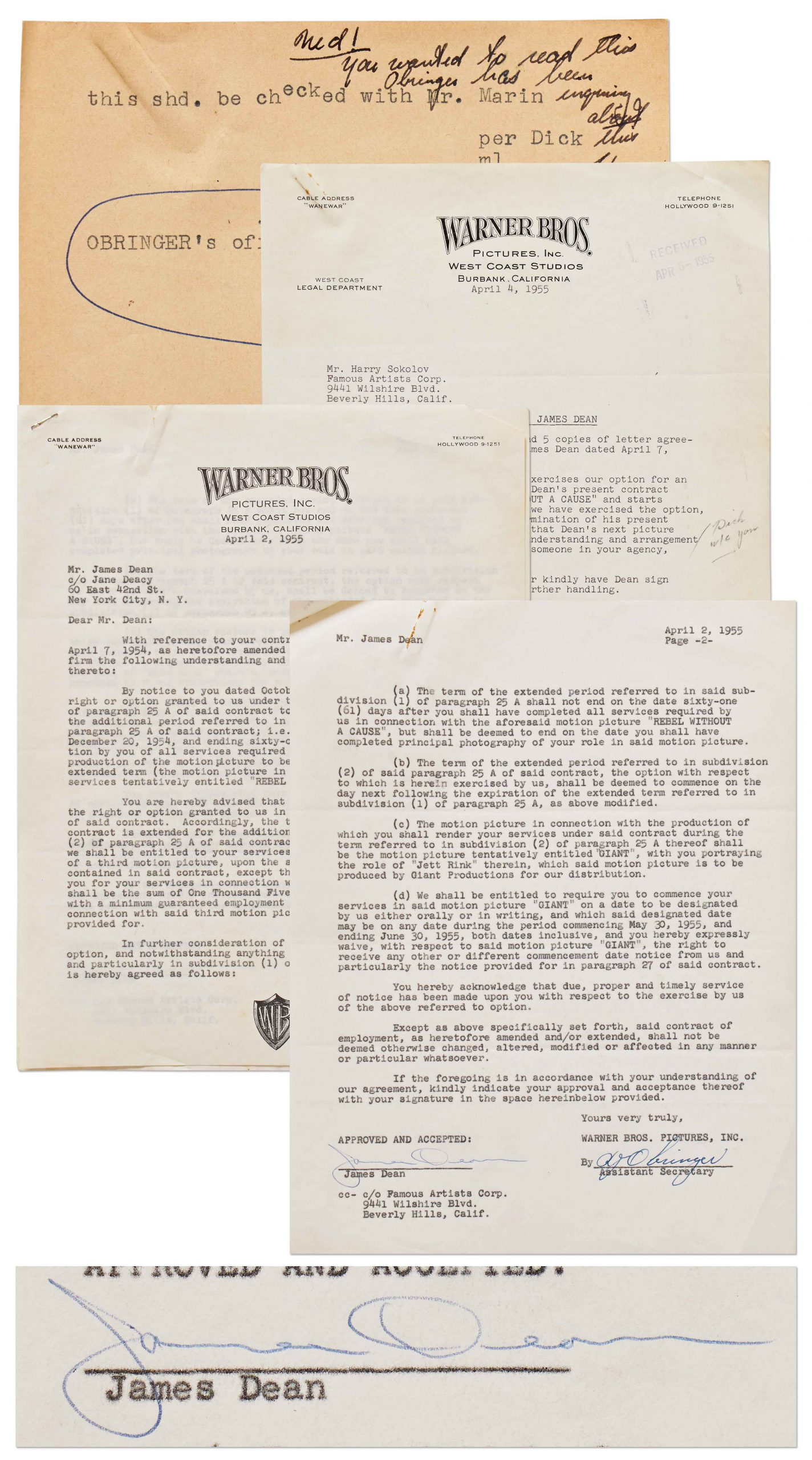 Typed document on Warner Bros letterhead signed by James Dean. 