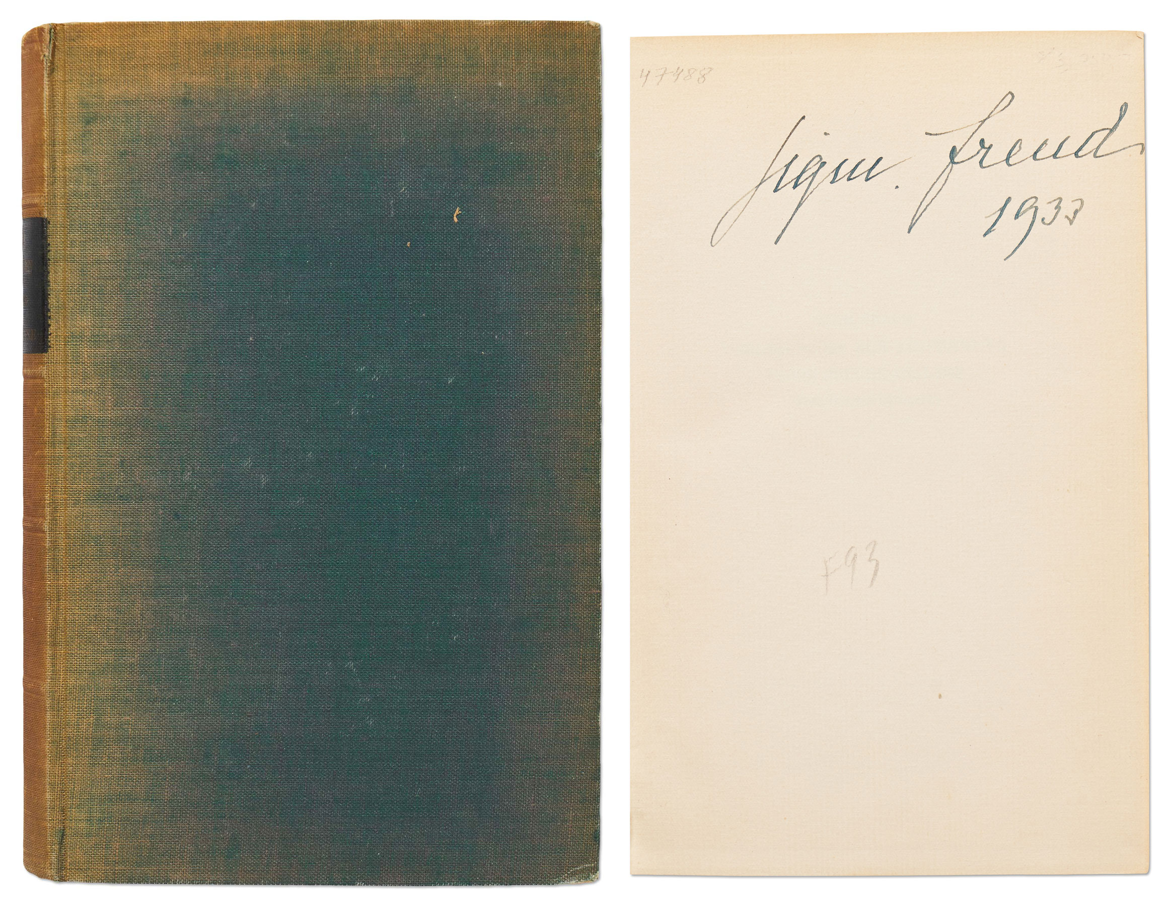 Book cover with cloth boards and front free endpaper. Freud has signed ''Sigm. Freud / 1933'' largely at the top of front free endpaper