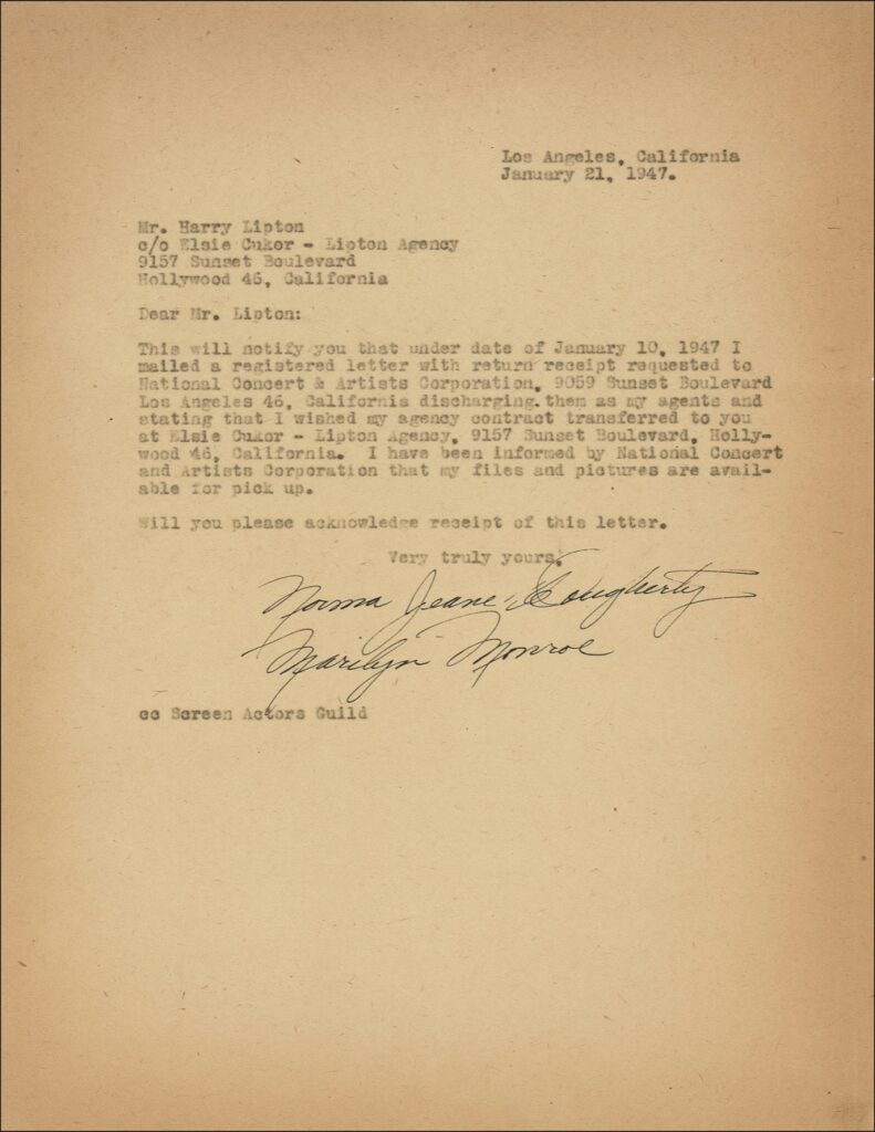 Single page document on 20th Century Fox letterhead. Marilyn Monroe signs at conclusion