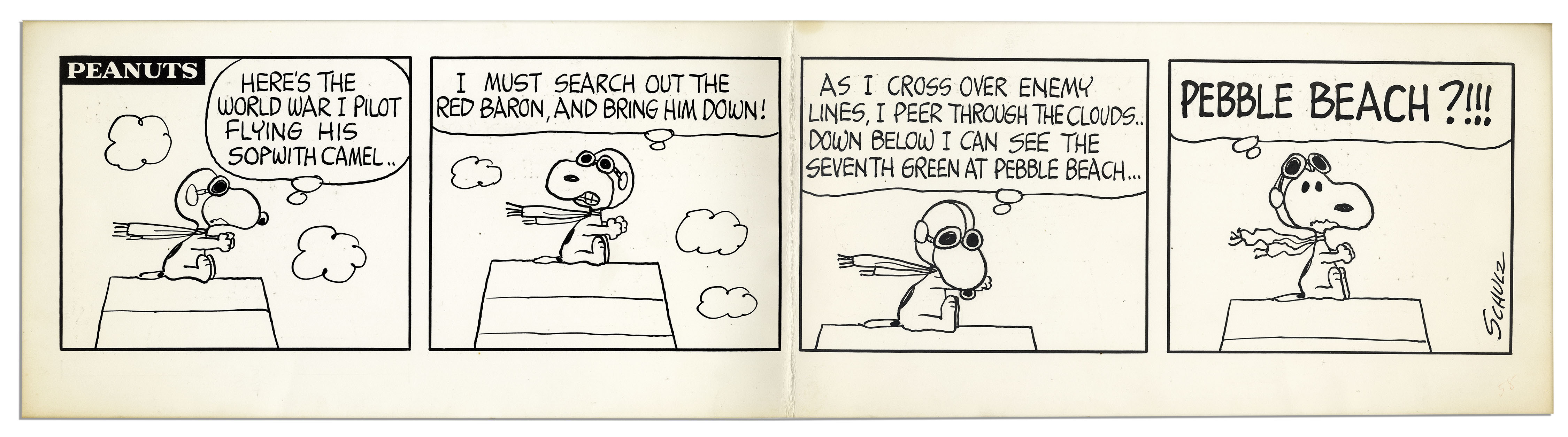 Snoopy dressed in his aviation gear sit on his doghouse and pilots through the sky