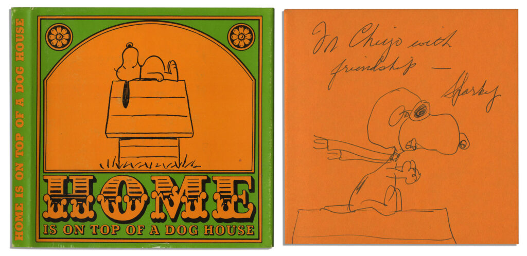 Peanuts book cover and front free endpaper with a sketch of Snoopy with aviator accessories.