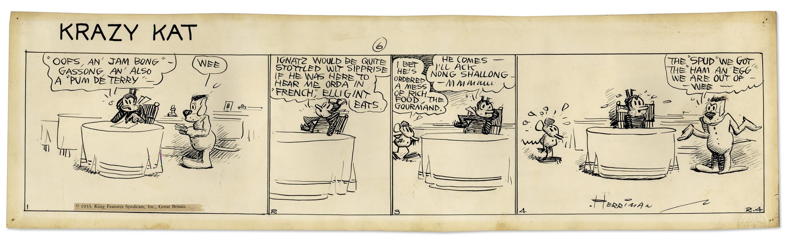 Four panel Krazy Kat 1933 daily strip features Krazy Kat, Ignatz and Officer Pupp at a restaurant