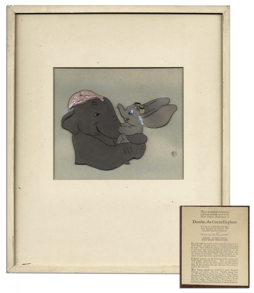 Framed cel from Dumbo featuring Jumbo holding a baby Dumbo