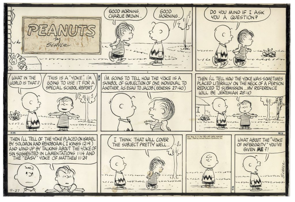 Nine panel Peanuts strip from 1964 with Linus and Charlie Brown sold for $35,000 at auction.