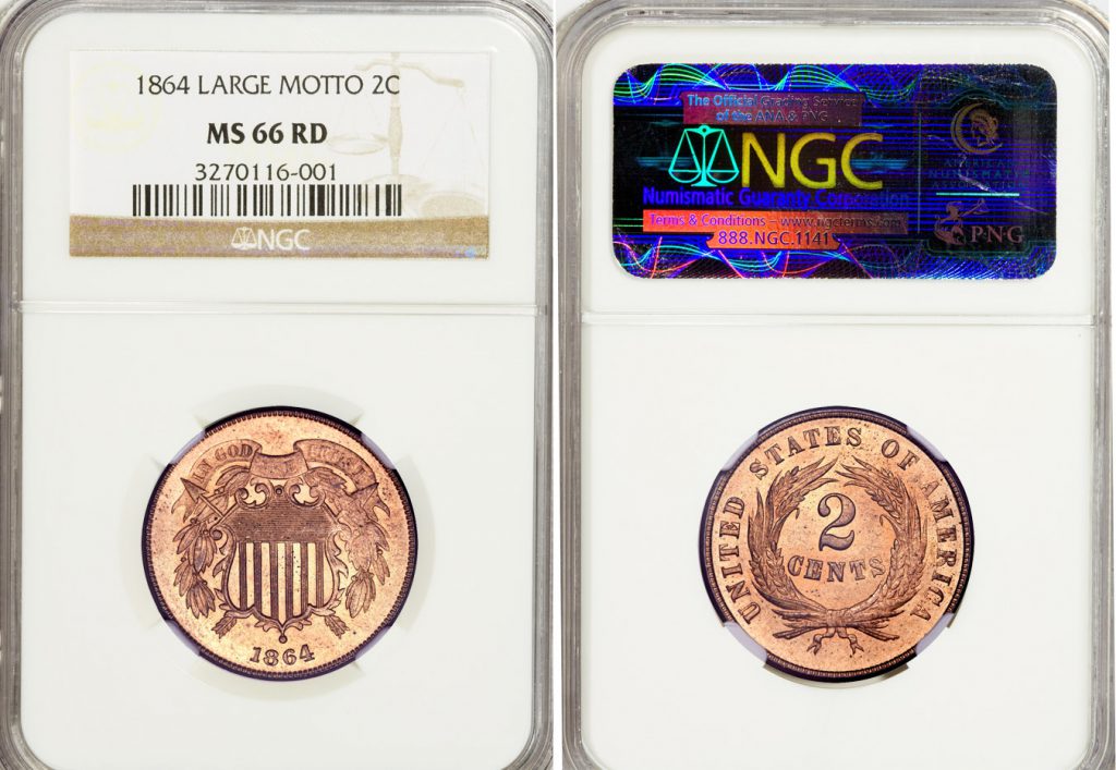 1864 Large Motto Two Cent Piece 2c NGC MS66 Red 