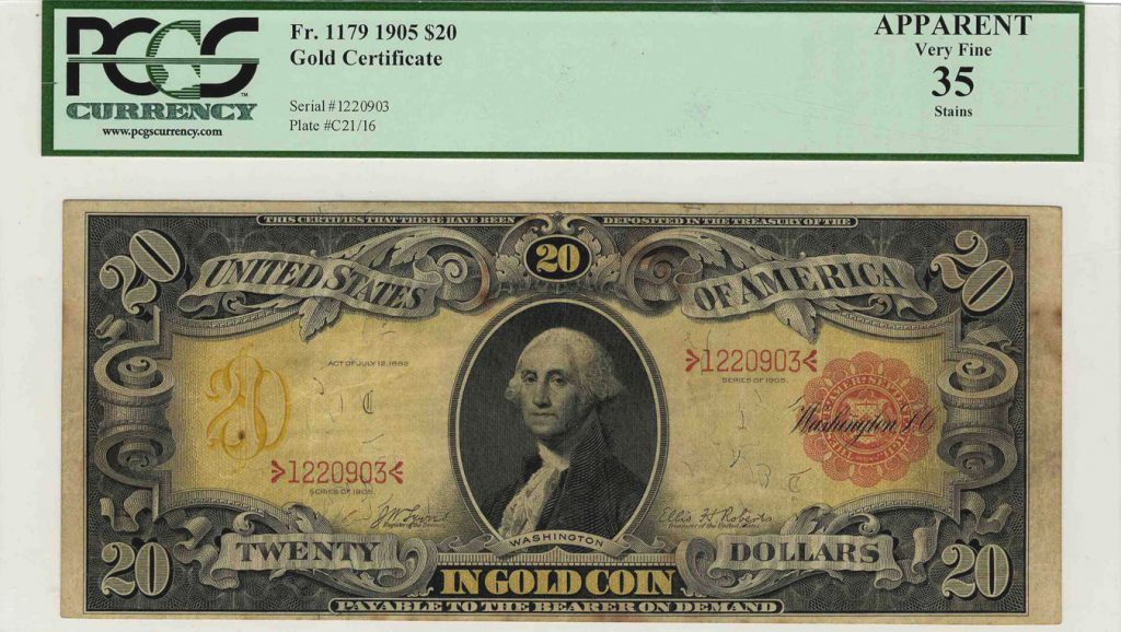 1905 $20 Gold Certificate Fr 1179 PCGS VF35 