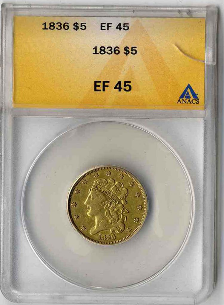 1836 $5 Liberty Head ANACS EF 45