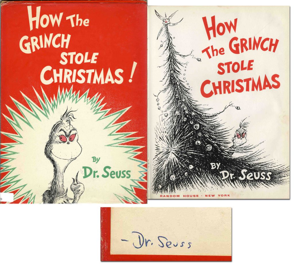 How the Grinch Stole Christmas! cover and dust jacket pictured with Dr. Seuss's autograph.