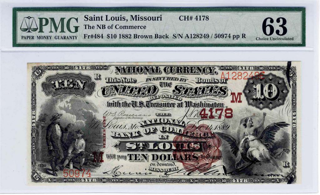 1882 $10 Brown Back Fr 484 PMG 63