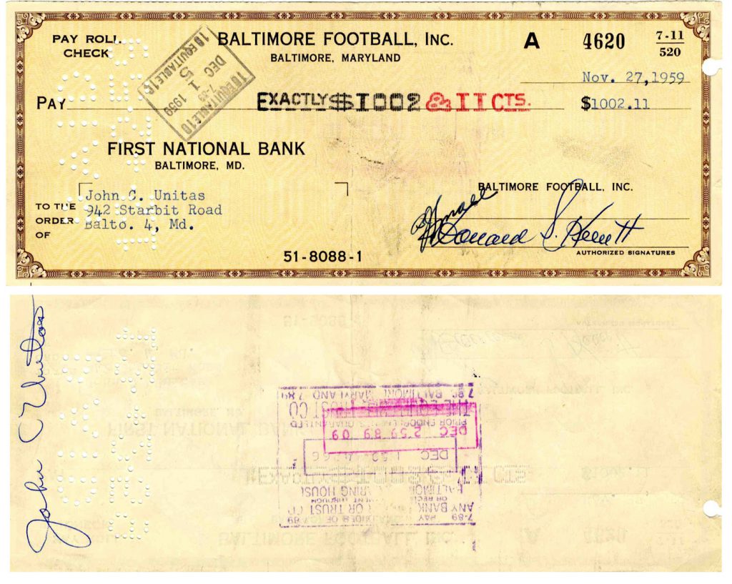 Johnny Unitas Baltimore Colts payroll check signed