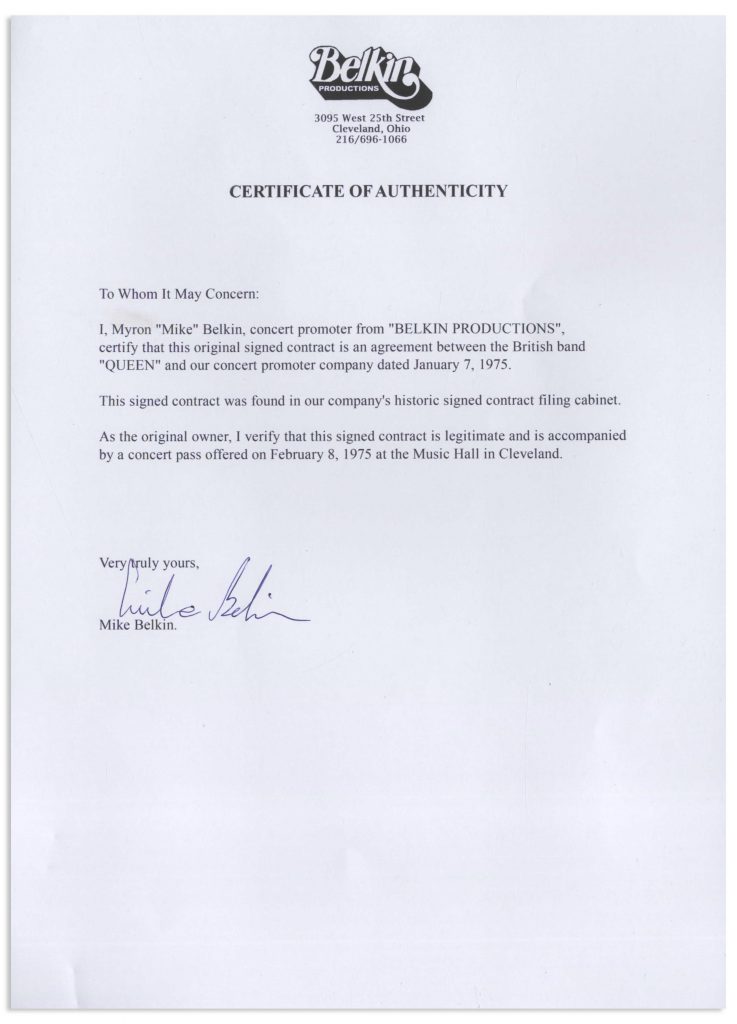  Freddie Mercury Queen signed contract