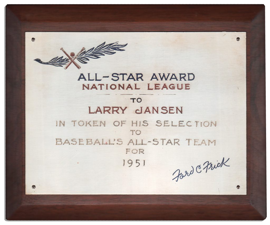 1951 Baseball All Star Award plaque