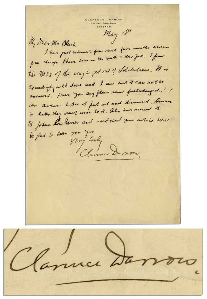  Clarence Darrow signed letter