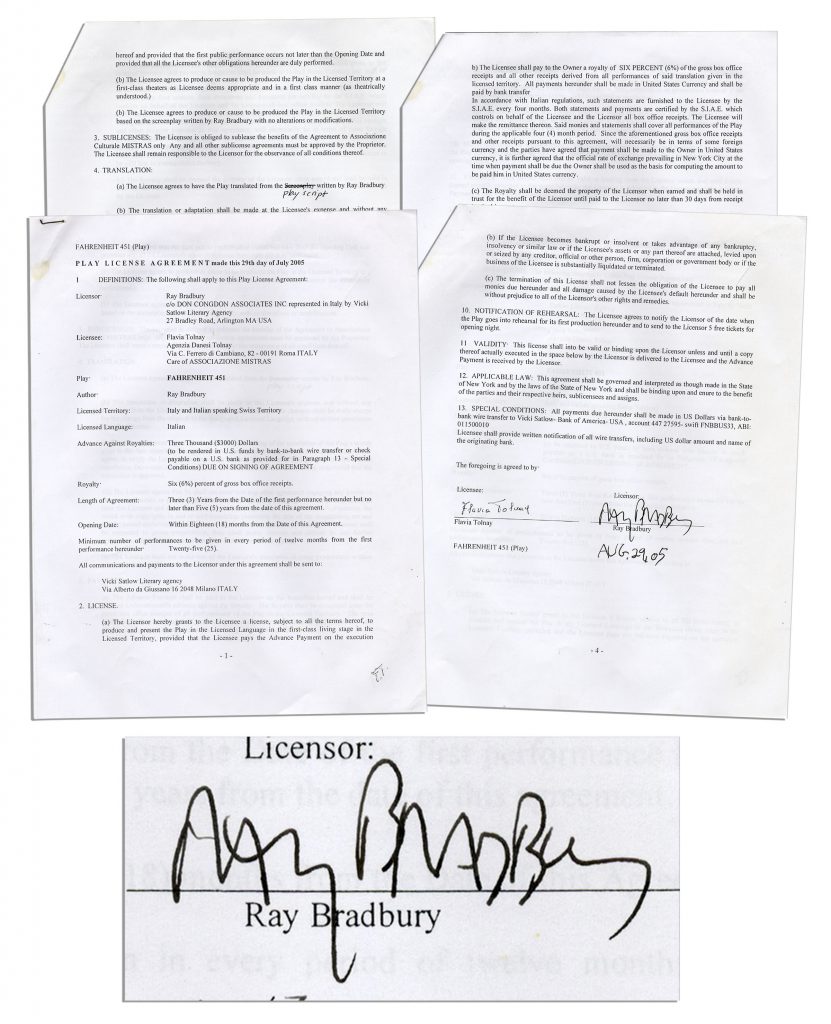 Ray Bradbury Farenheit 451 signed document