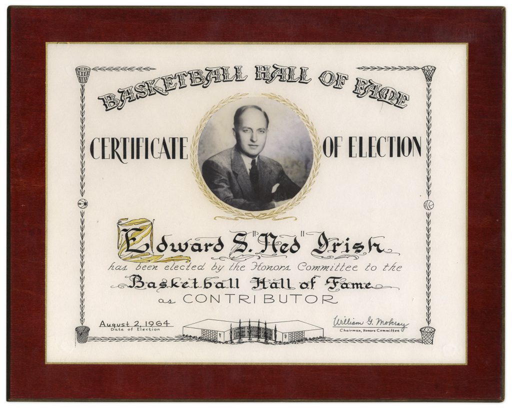  Basketball Hall of Fame certificate of election