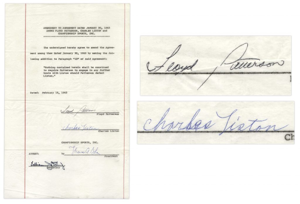 Sonny Liston signed fight contract
